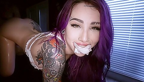 Purple Haired Babe Gets Covered In Oil , Massaged And Fucked Hard With Will Tile And Val Steele